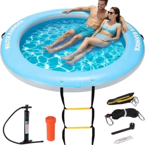 Round Floating Ring Inflatable Water Hammock 8FT & Floating Dock – Adult Air Platform & Island Raft Mat, Sunbathing, Swim Platform, Detachable Ladder & Carry Bag