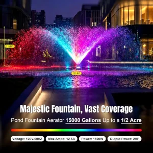 2HP Pond Fountain Aerator with 3 RGB LED Lights, 120V 30000 GPH Floating Water Pump, Automatic Aerating Pump for Large Ponds, Lakes, and Outdoor Water Features, with Controller, APP & Remote Control